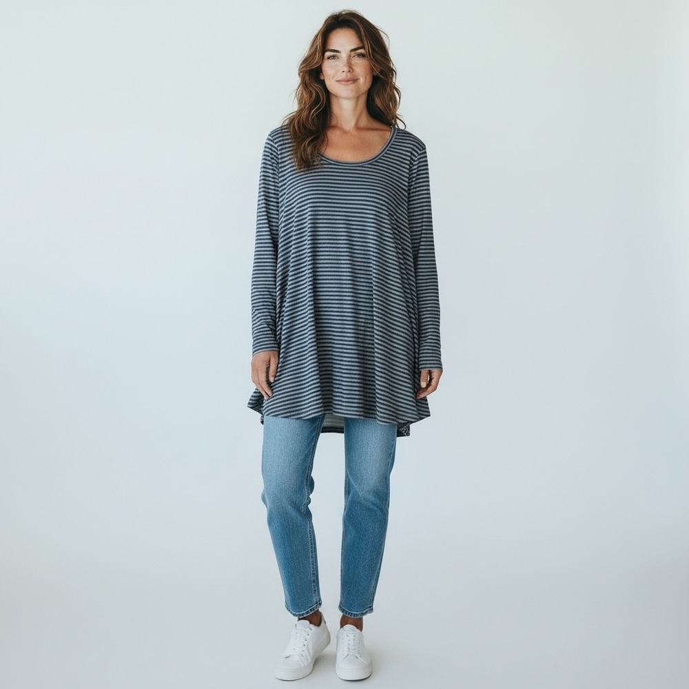 Olive + Oak Womens 1X Blue Striped Long Sleeve High Low Tunic Top LF4K20868XB